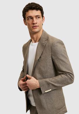 Kahverengi Slim Fit %100 Keten Mikro Desen Mono Yaka Ceket