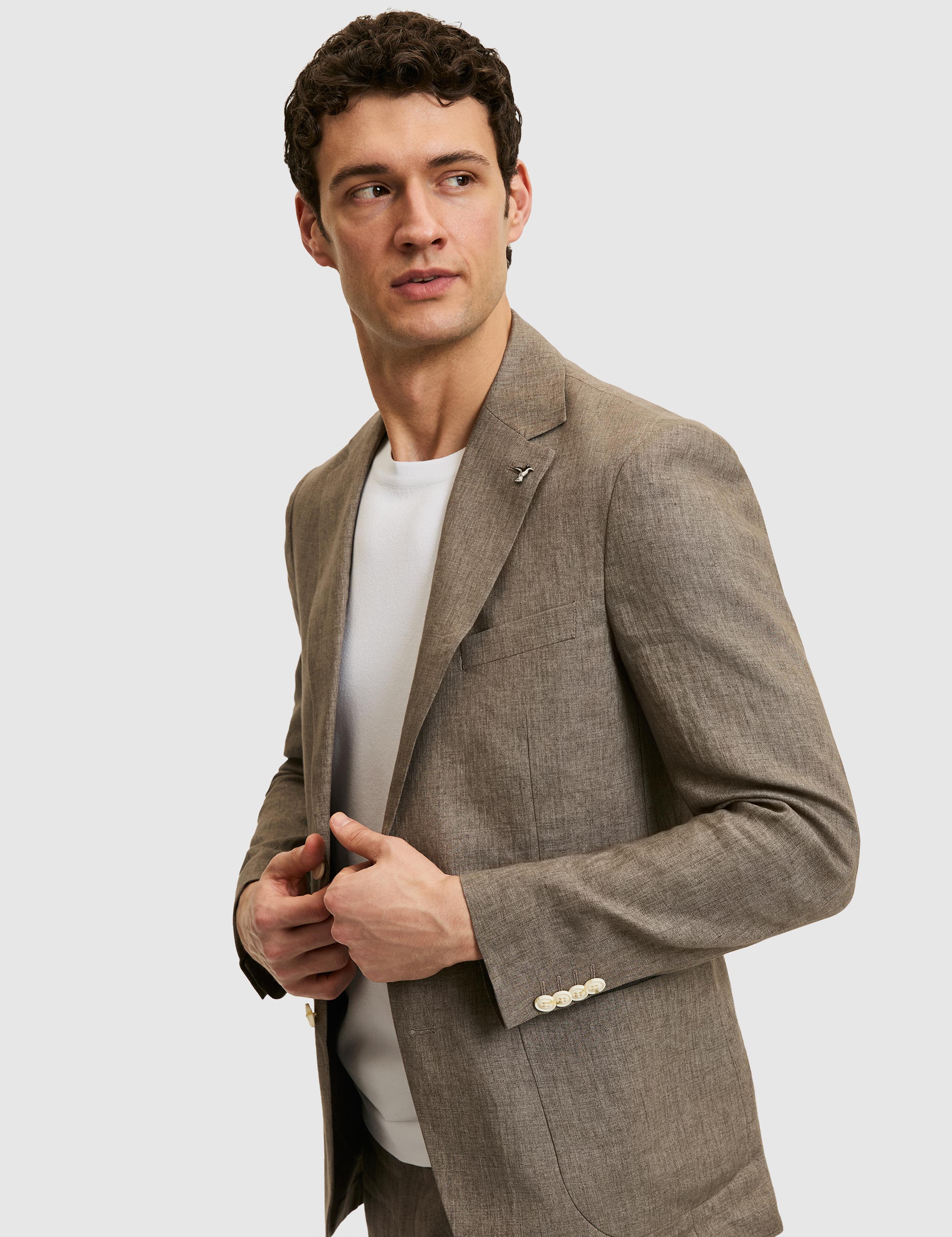 Kahverengi Slim Fit %100 Keten Mikro Desen Mono Yaka Ceket - 50324476335