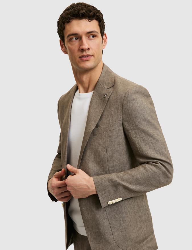 Kahverengi Slim Fit %100 Keten Mikro Desen Mono Yaka Ceket