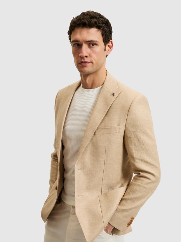 Bej Slim Fit Yün Keten Karışımlı Mikro Desen Kırlangıç Yaka Ceket
