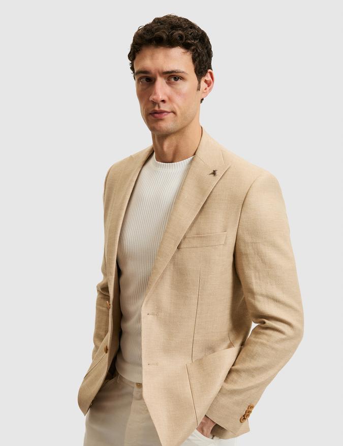 Bej Slim Fit Yün Keten Karışımlı Mikro Desen Kırlangıç Yaka Ceket