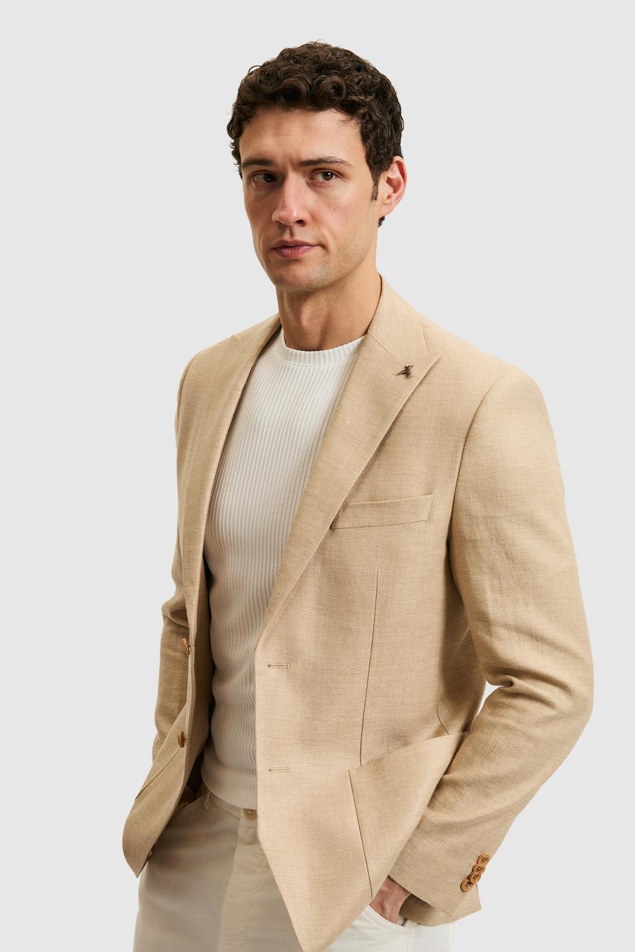 Bej Slim Fit Yün Keten Karışımlı Mikro Desen Kırlangıç Yaka Ceket - 50319085008