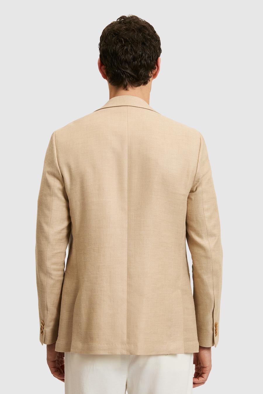 Bej Slim Fit Yün Keten Karışımlı Mikro Desen Kırlangıç Yaka Ceket - 50319085008