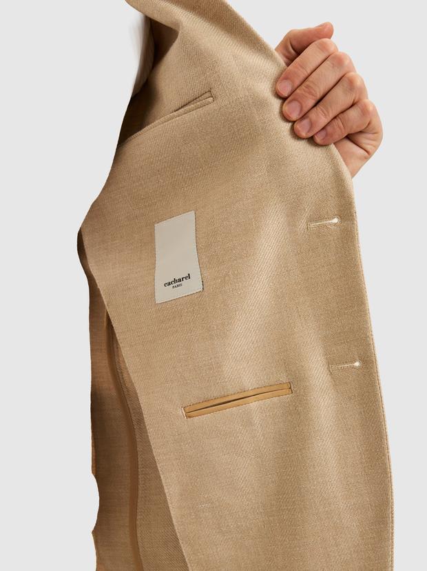 Bej Slim Fit Yün Keten Karışımlı Mikro Desen Kırlangıç Yaka Ceket