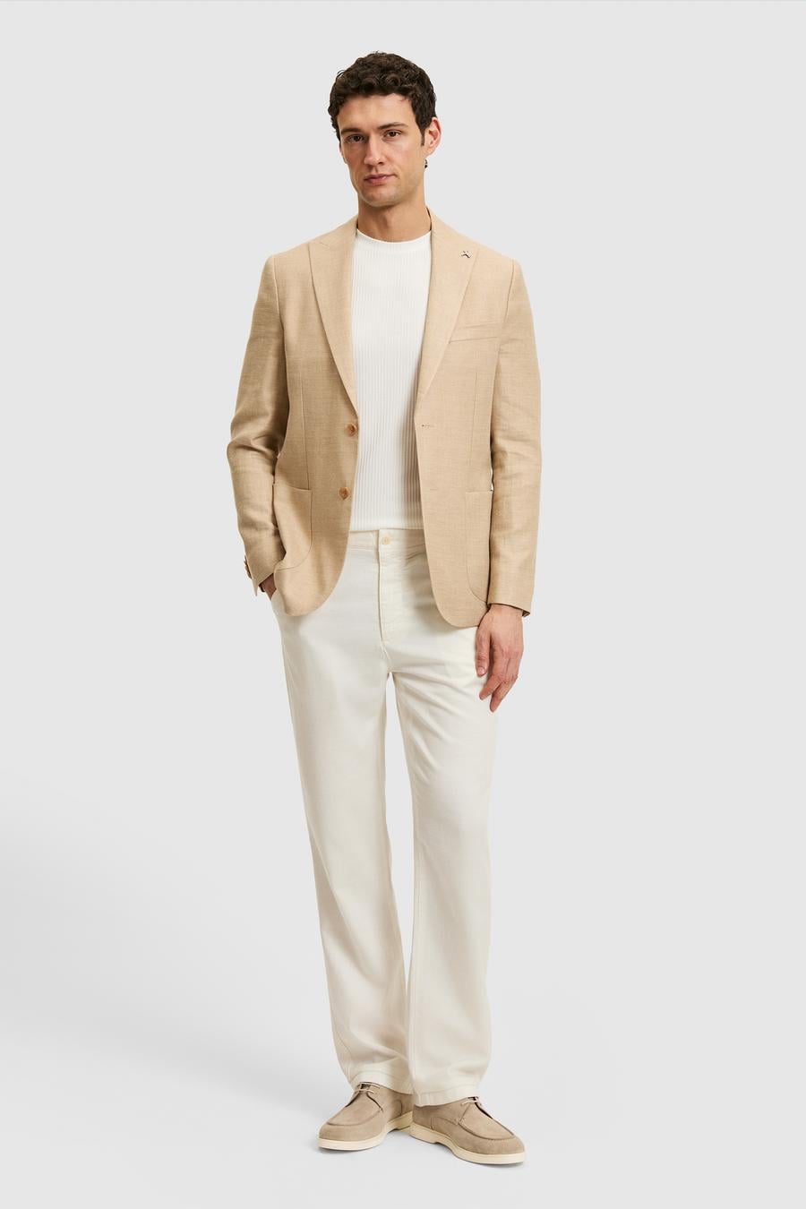 Bej Slim Fit Yün Keten Karışımlı Mikro Desen Kırlangıç Yaka Ceket - 50319085008