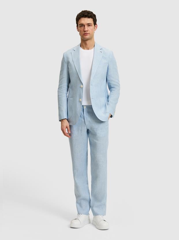Açık Mavi Slim Fit Beli Lastikli %100 Keten Pantolon