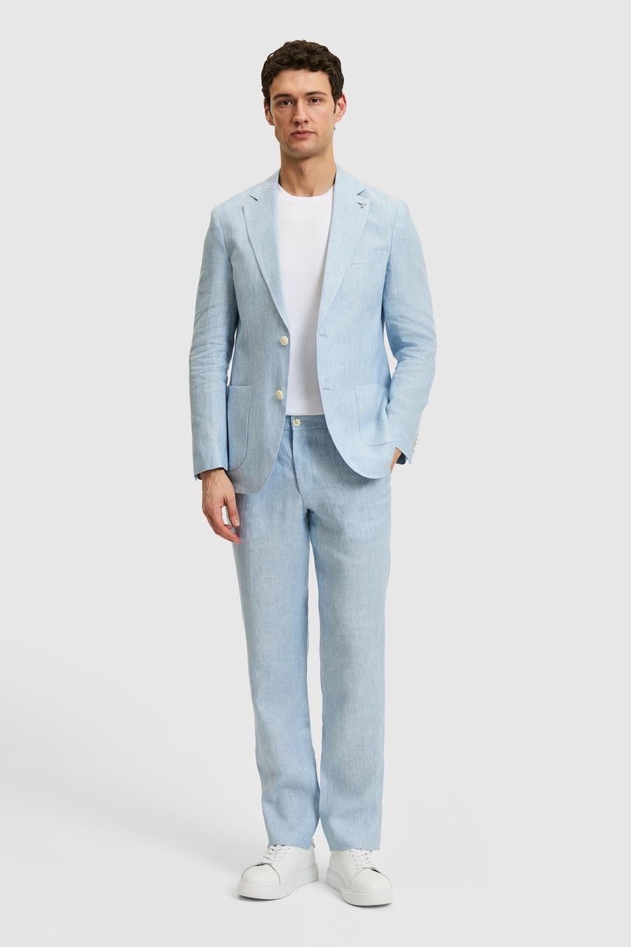 Açık Mavi Slim Fit Beli Lastikli %100 Keten Pantolon - 50324475004