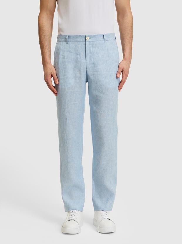 Açık Mavi Slim Fit Beli Lastikli %100 Keten Pantolon