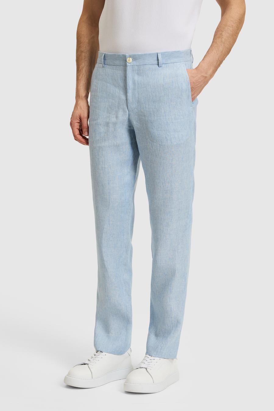 Açık Mavi Slim Fit Beli Lastikli %100 Keten Pantolon - 50324475004