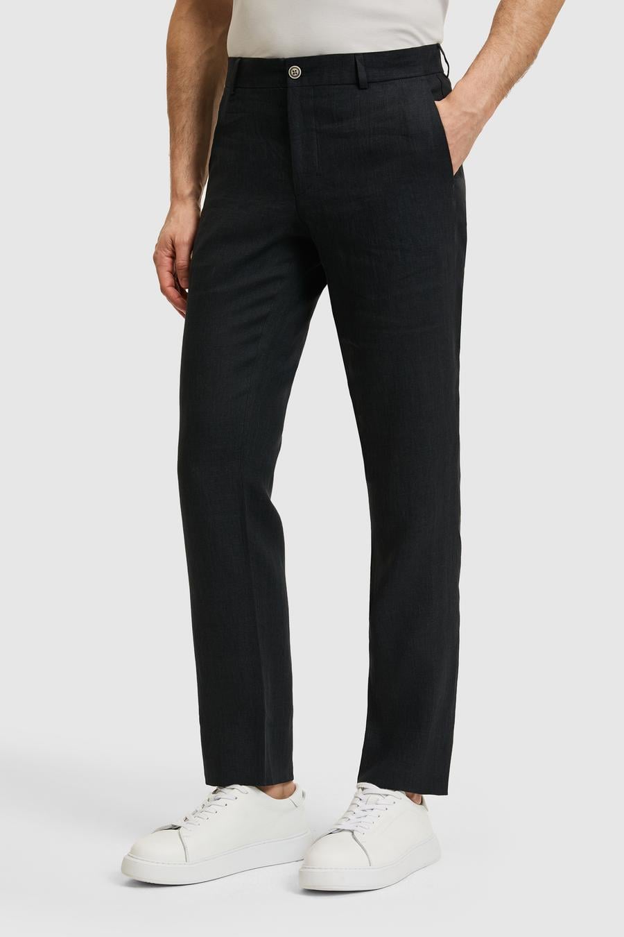Siyah Slim Fit Beli Lastikli %100 Keten Pantolon - 50324475070