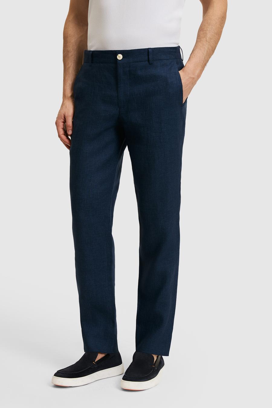 Lacivert Slim Fit Beli Lastikli %100 Keten Pantolon - 50324475048
