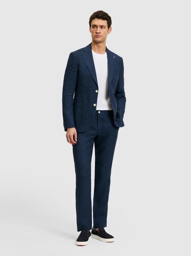 Lacivert Slim Fit Beli Lastikli %100 Keten Pantolon