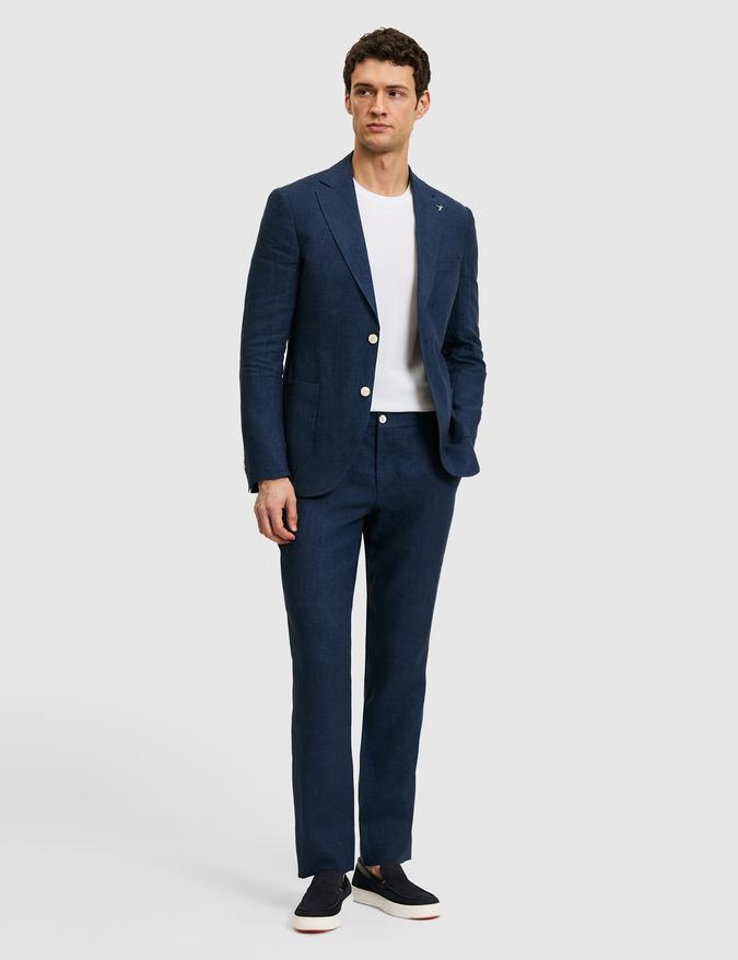 Lacivert Slim Fit Beli Lastikli %100 Keten Pantolon