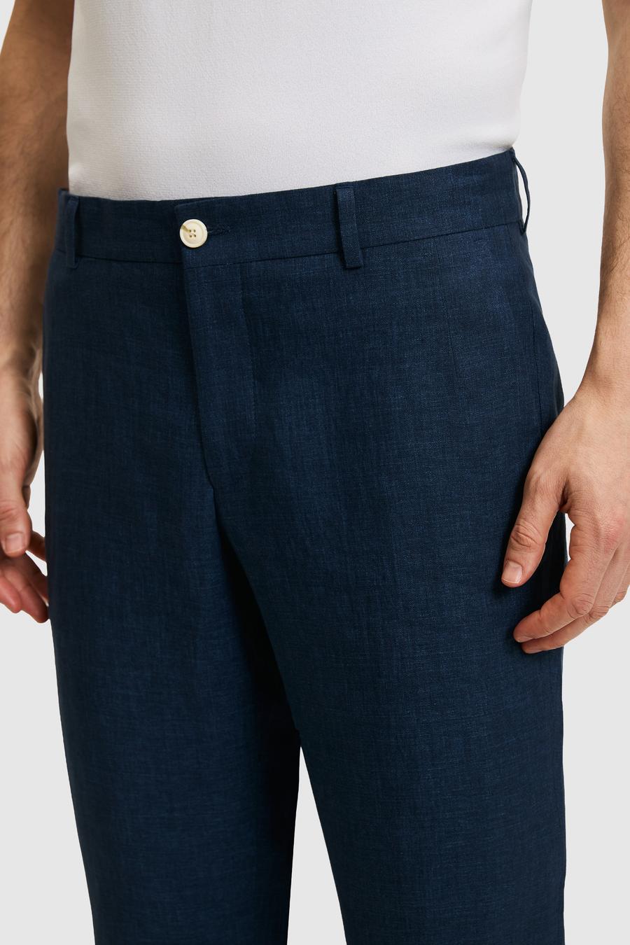 Lacivert Slim Fit Beli Lastikli %100 Keten Pantolon - 50324475048