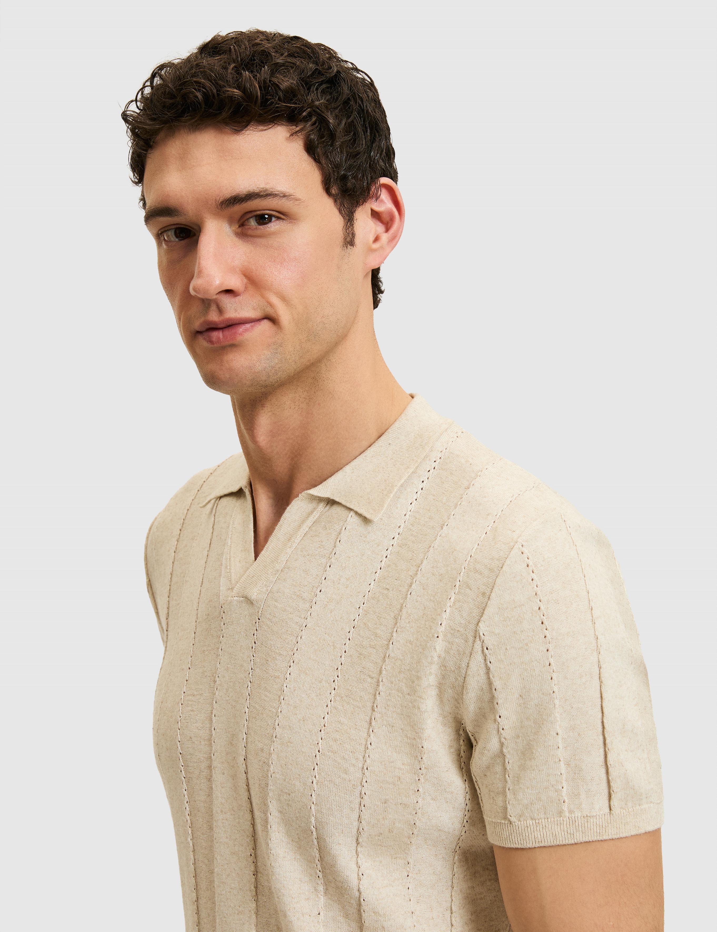 Bej Regular Fit Keten Karışımlı Apaş Yaka Triko T-shirt - 50320670010