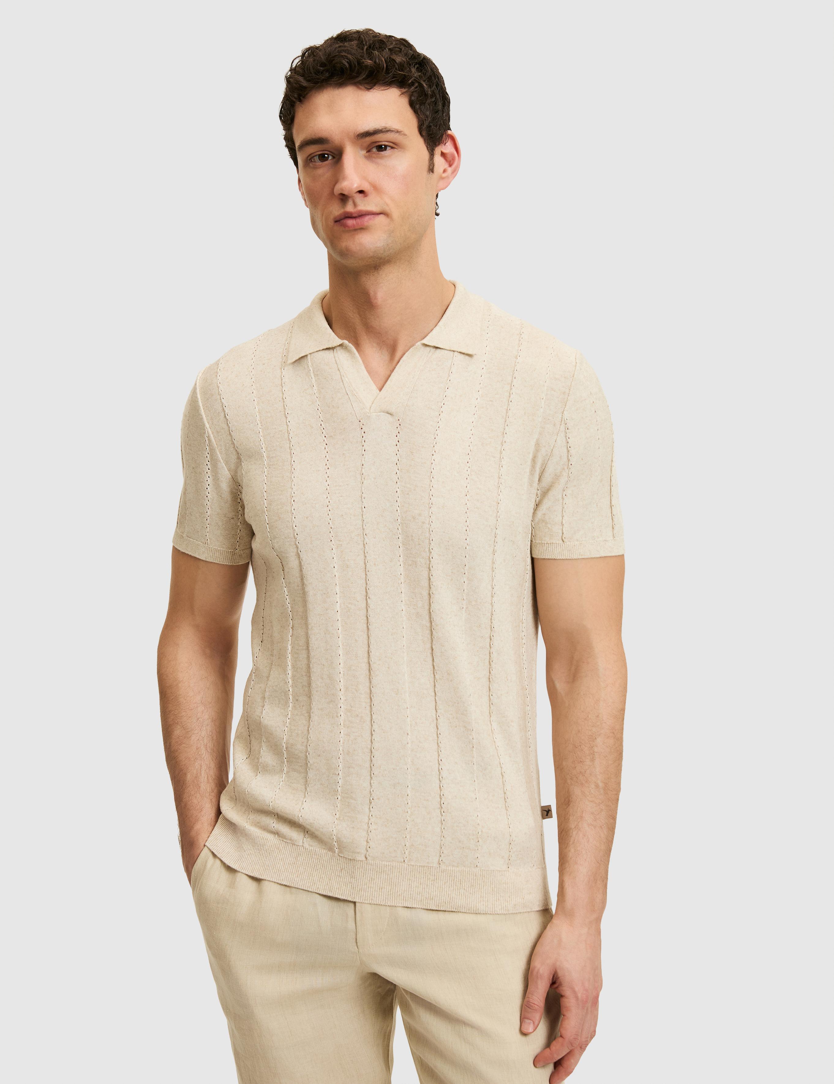 Bej Regular Fit Keten Karışımlı Apaş Yaka Triko T-shirt - 50320670010
