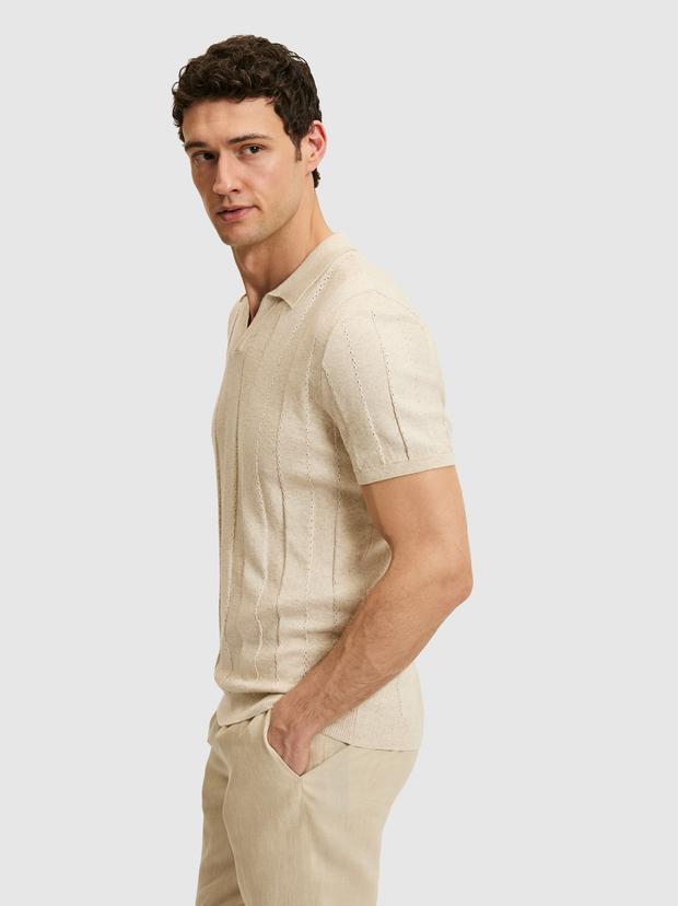 Bej Regular Fit Keten Karışımlı Apaş Yaka Triko T-shirt