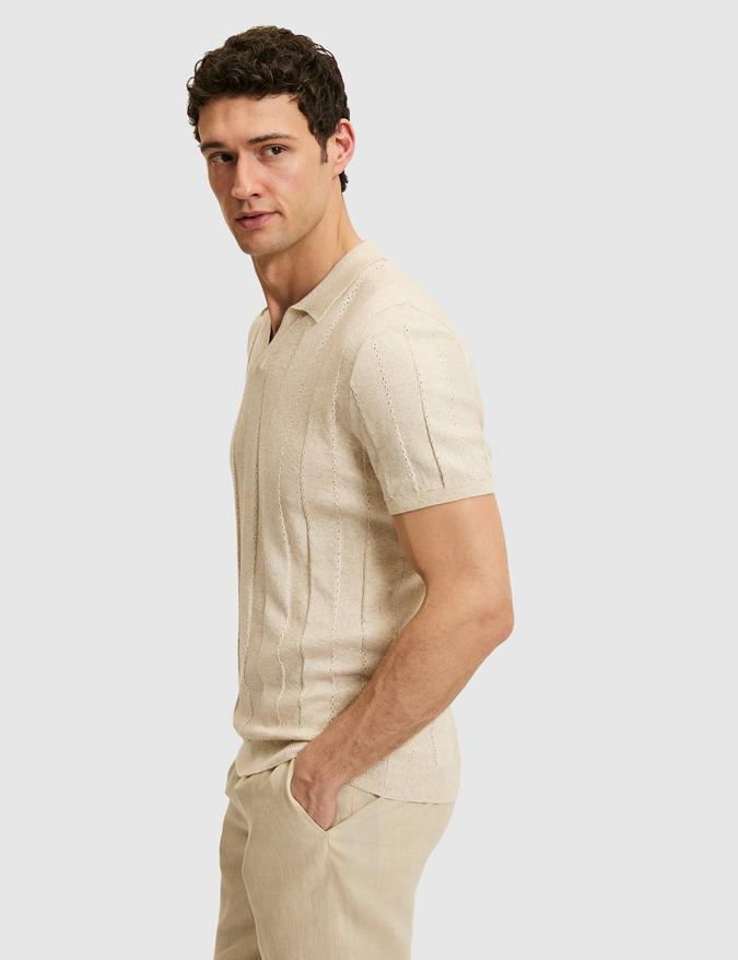 Bej Regular Fit Keten Karışımlı Apaş Yaka Triko T-shirt