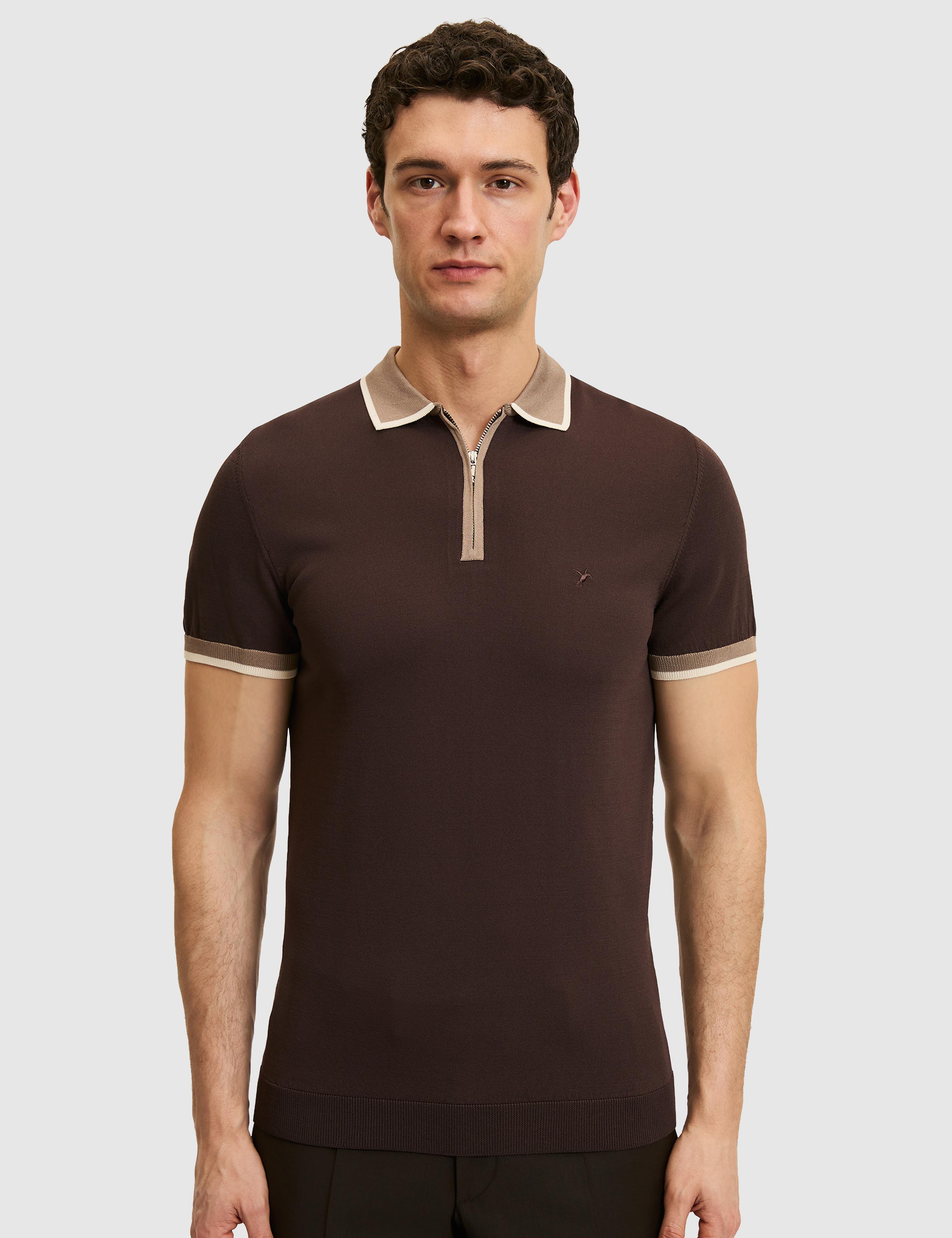 Kahverengi Slim Fit Fermuarlı Polo Yaka Triko T-shirt - 50326034021