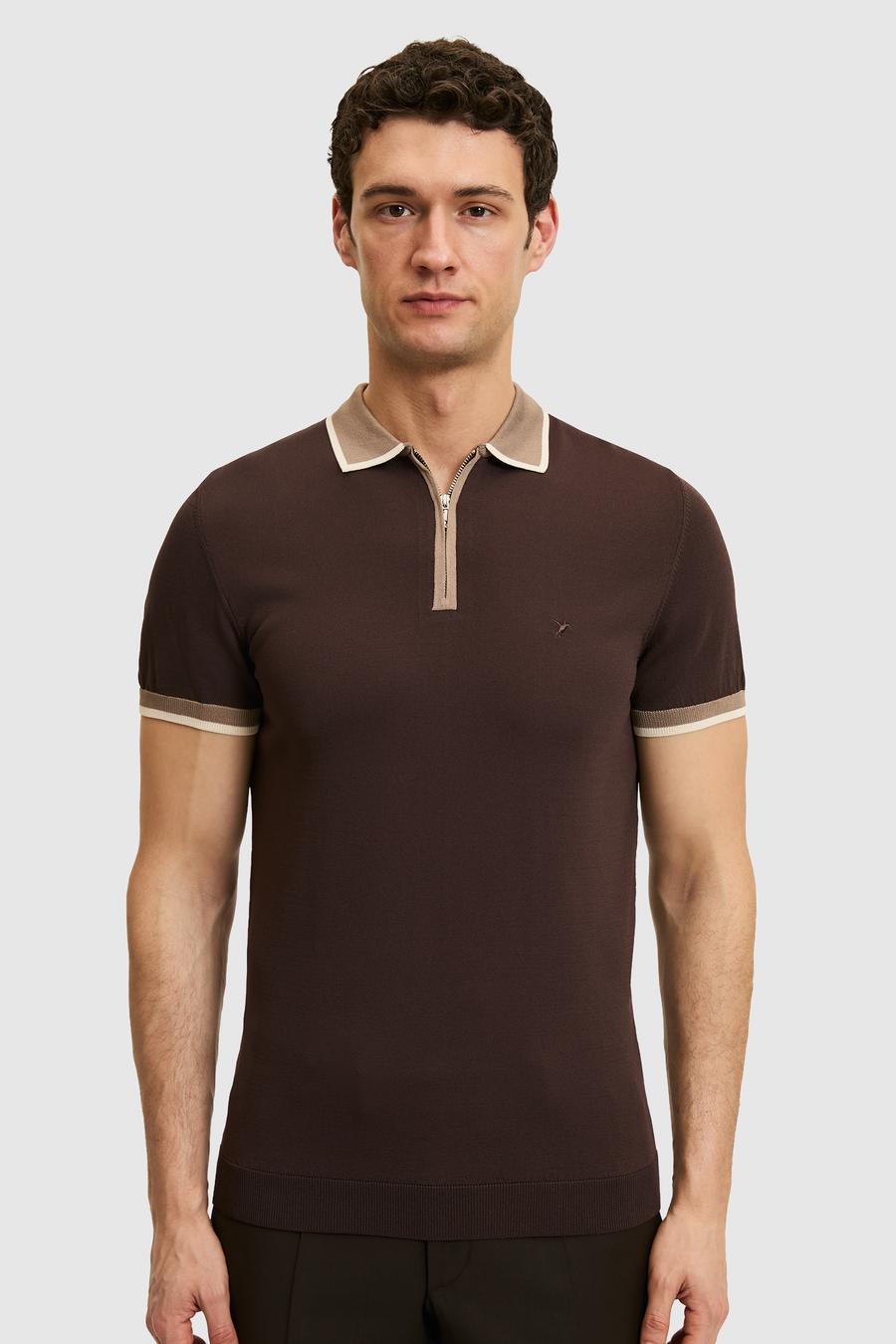 Kahverengi Slim Fit Fermuarlı Polo Yaka Triko T-shirt - 50326034021