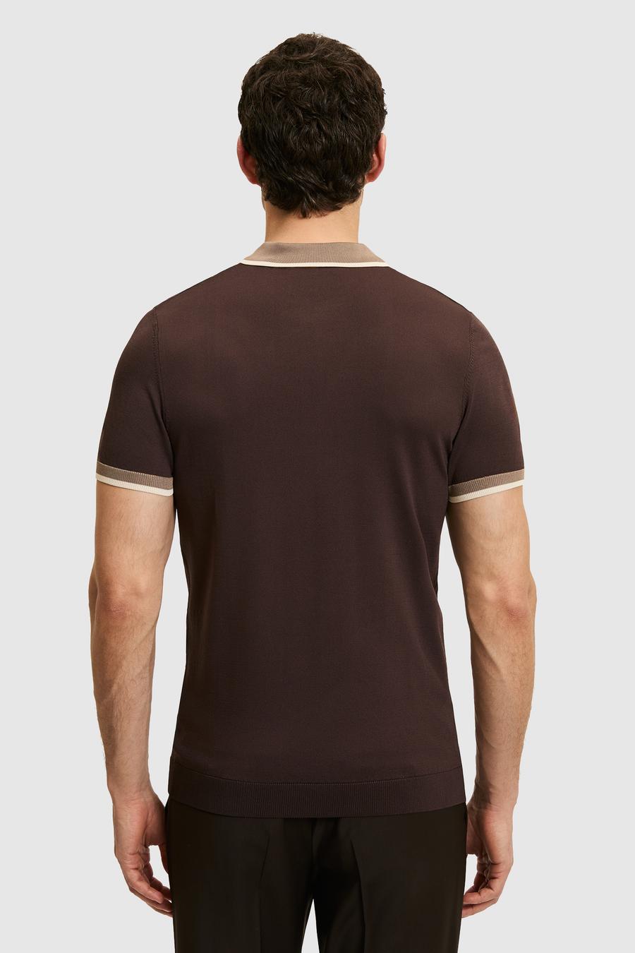 Kahverengi Slim Fit Fermuarlı Polo Yaka Triko T-shirt - 50326034021