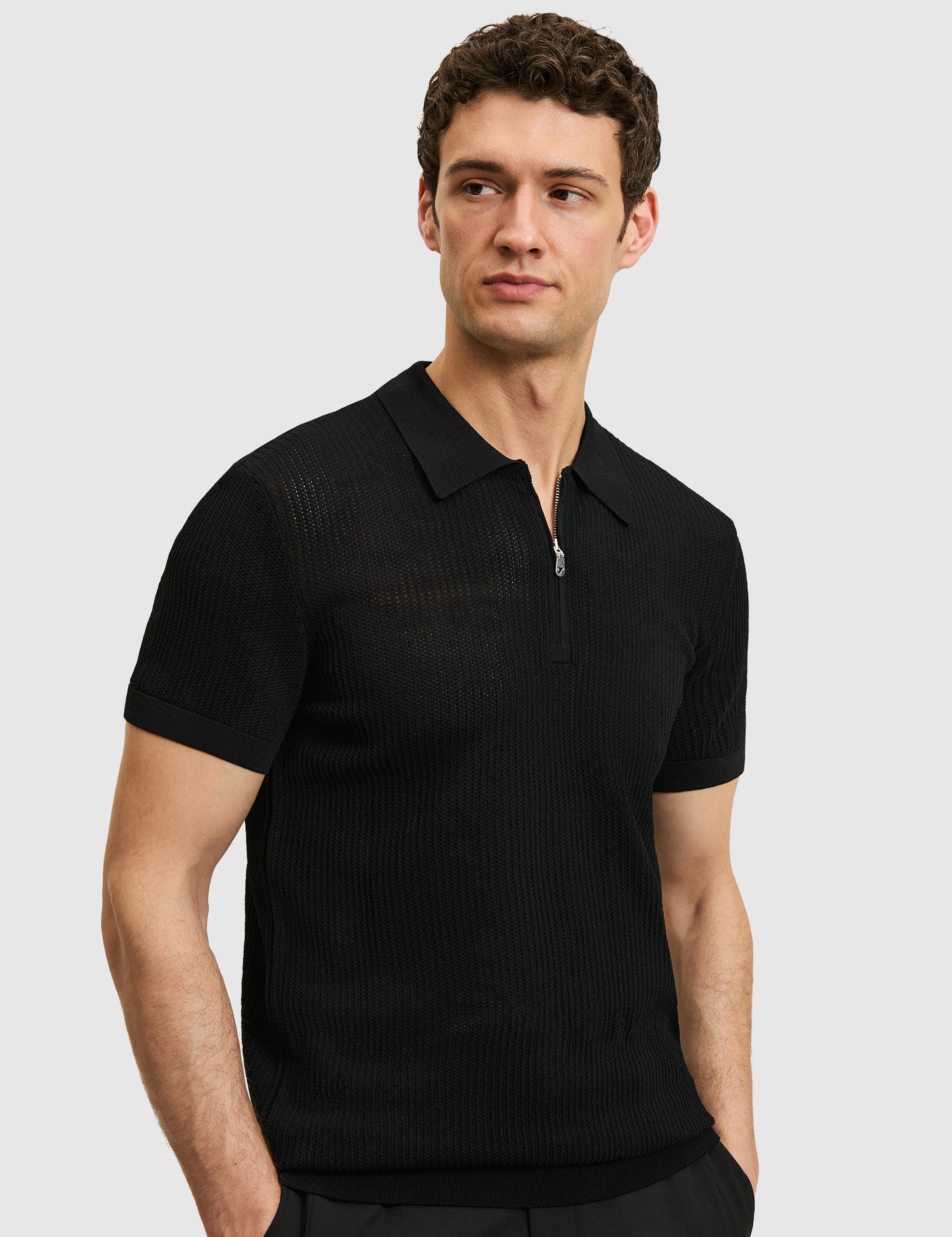 Siyah Slim Fit Fermuarlı Polo Yaka Triko T-shirt - 50326102007