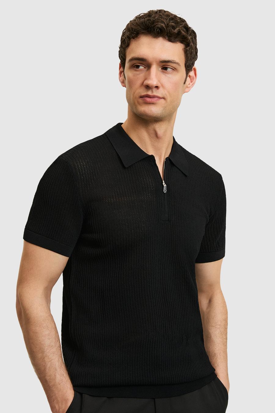 Siyah Slim Fit Fermuarlı Polo Yaka Triko T-shirt - 50326102007