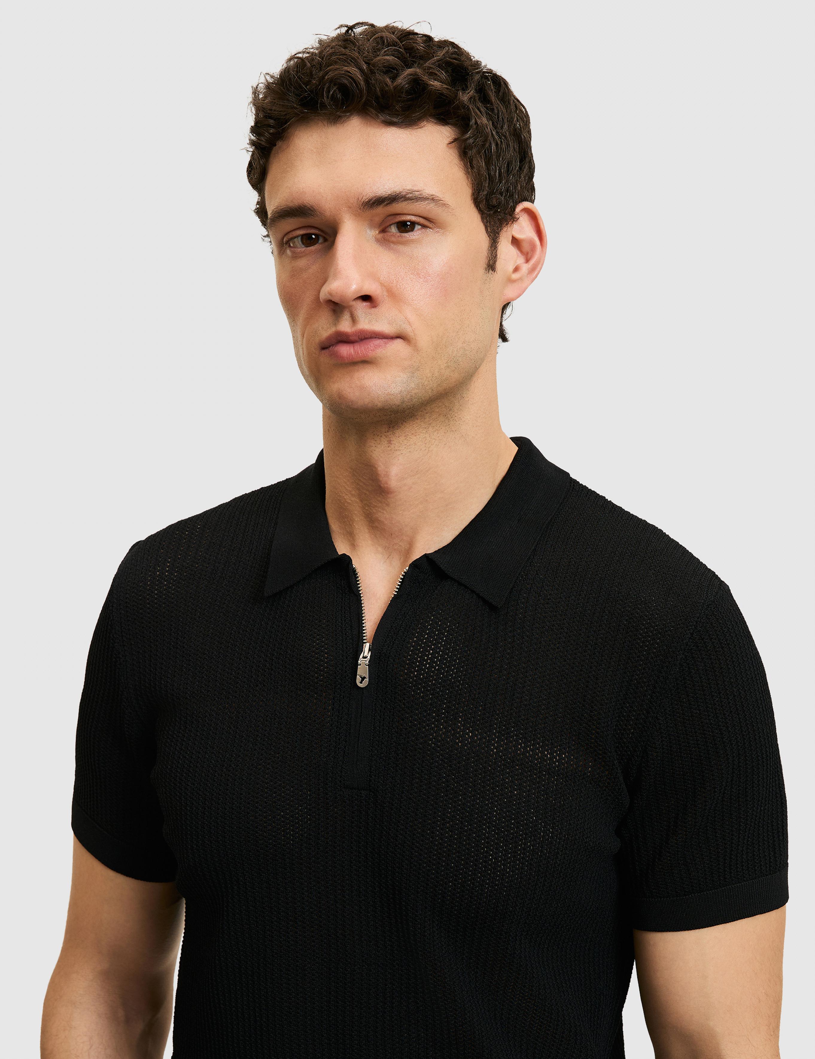 Siyah Slim Fit Fermuarlı Polo Yaka Triko T-shirt - 50326102007