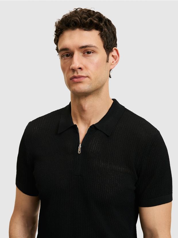 Siyah Slim Fit Fermuarlı Polo Yaka Triko T-shirt