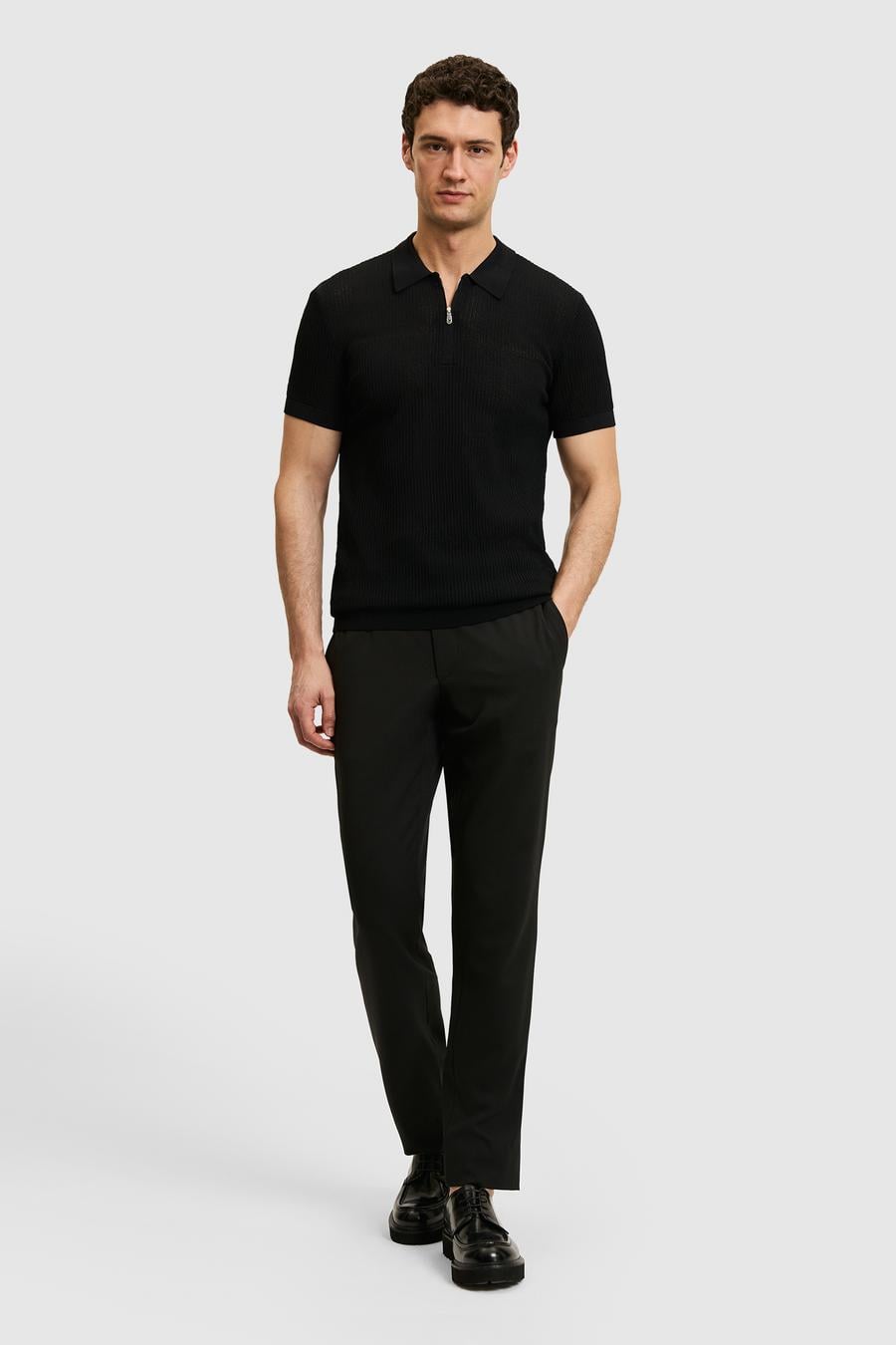 Siyah Slim Fit Fermuarlı Polo Yaka Triko T-shirt - 50326102007