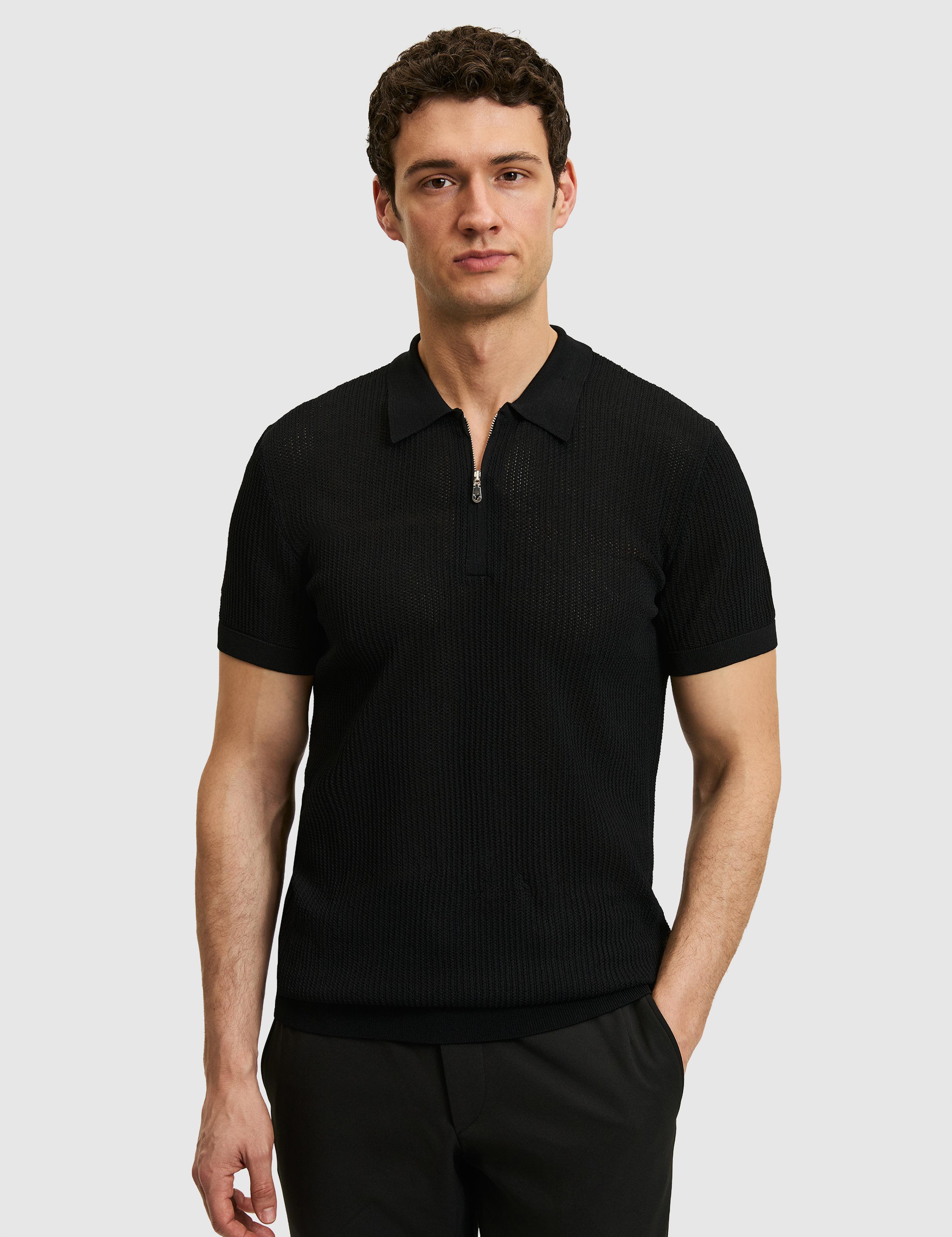Siyah Slim Fit Fermuarlı Polo Yaka Triko T-shirt - 50326102007