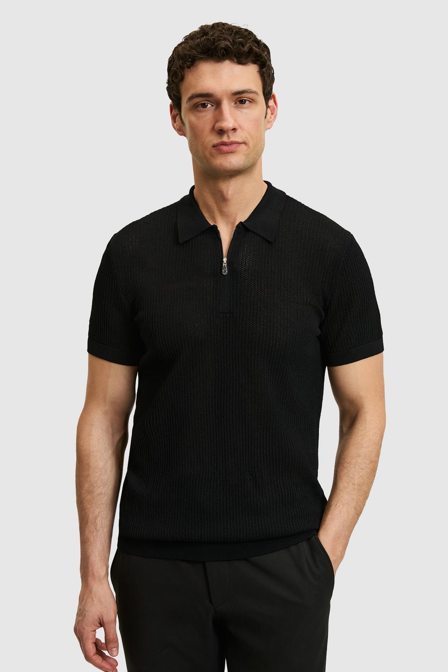 Siyah Slim Fit Fermuarlı Polo Yaka Triko T-shirt - 50326102007
