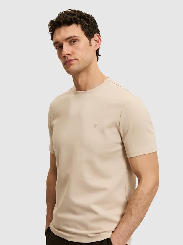 Bej Slim Fit Modal Karışımlı Bisiklet Yaka Basic T-shirt