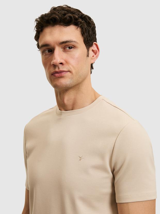 Bej Slim Fit Modal Karışımlı Bisiklet Yaka Basic T-shirt