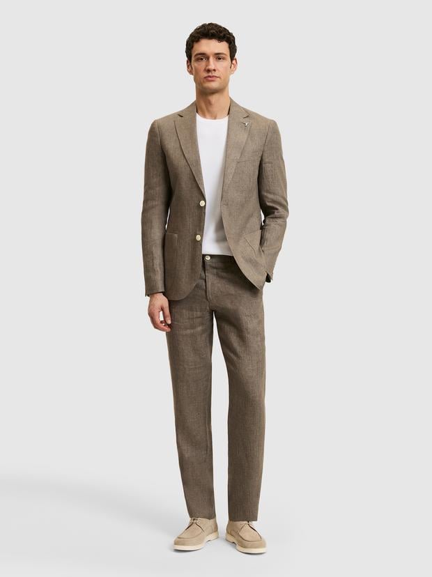 Kahverengi Slim Fit Beli Lastikli %100 Keten Pantolon