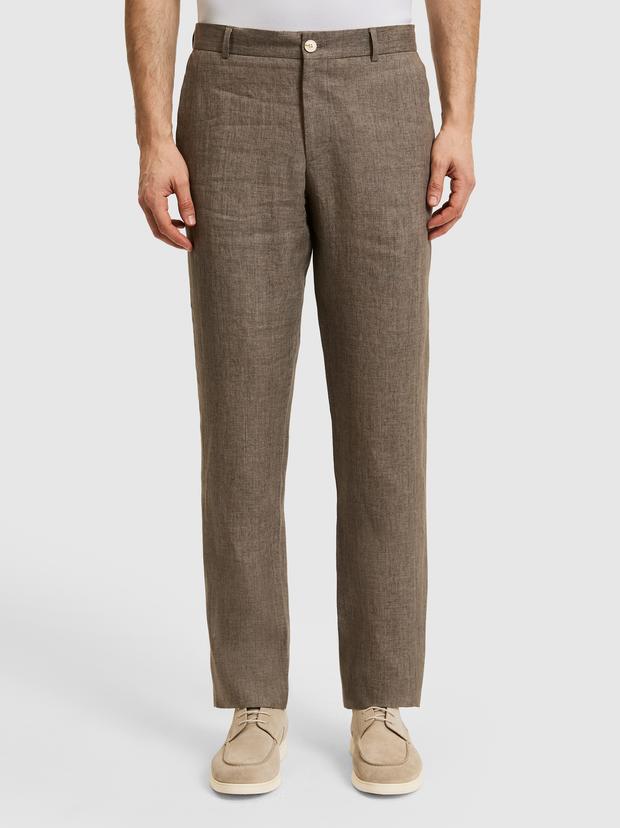 Kahverengi Slim Fit Beli Lastikli %100 Keten Pantolon