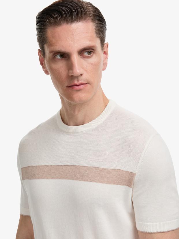 Ekru Slim Fit %100 Pamuk Bisiklet Yaka Triko T-shirt