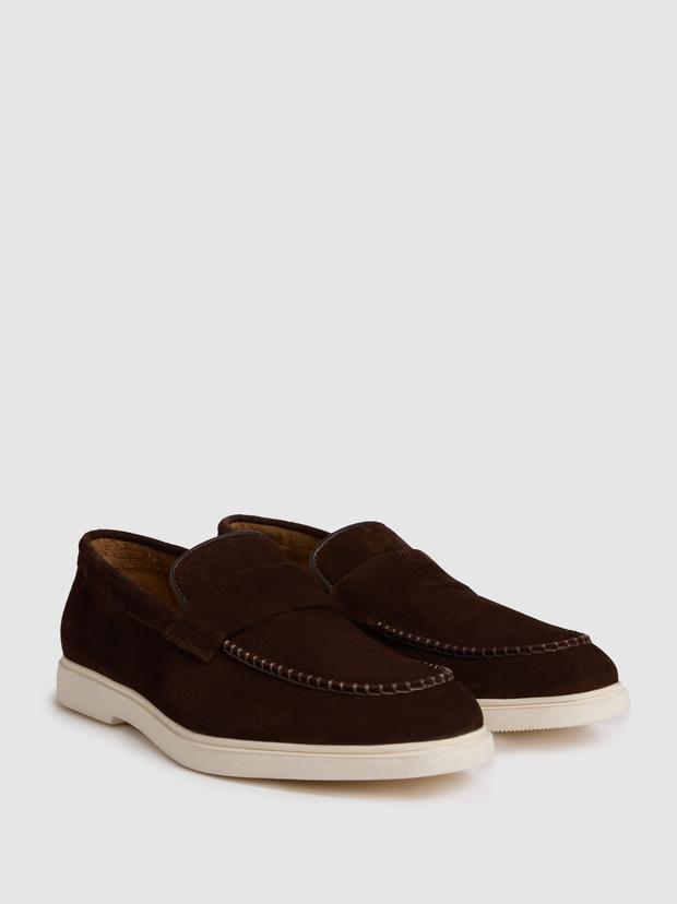 Kahverengi %100 Deri Süet Loafer Ayakkabı