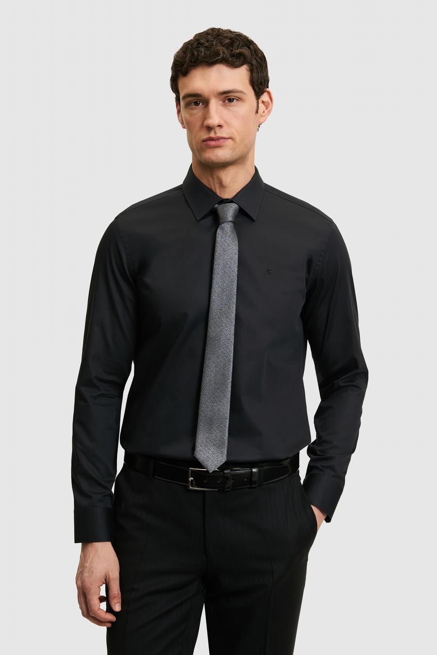 Siyah Slim Fit Pamuk Klasik Gömlek - 50285570054