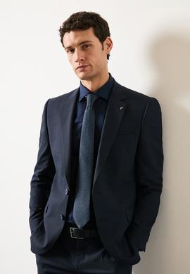 Lacivert Slim Fit Pamuklu Yarım İtalyan Yaka Basic Gömlek