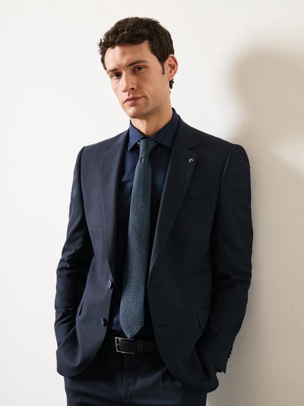 Lacivert Slim Fit Pamuklu Yarım İtalyan Yaka Basic Gömlek