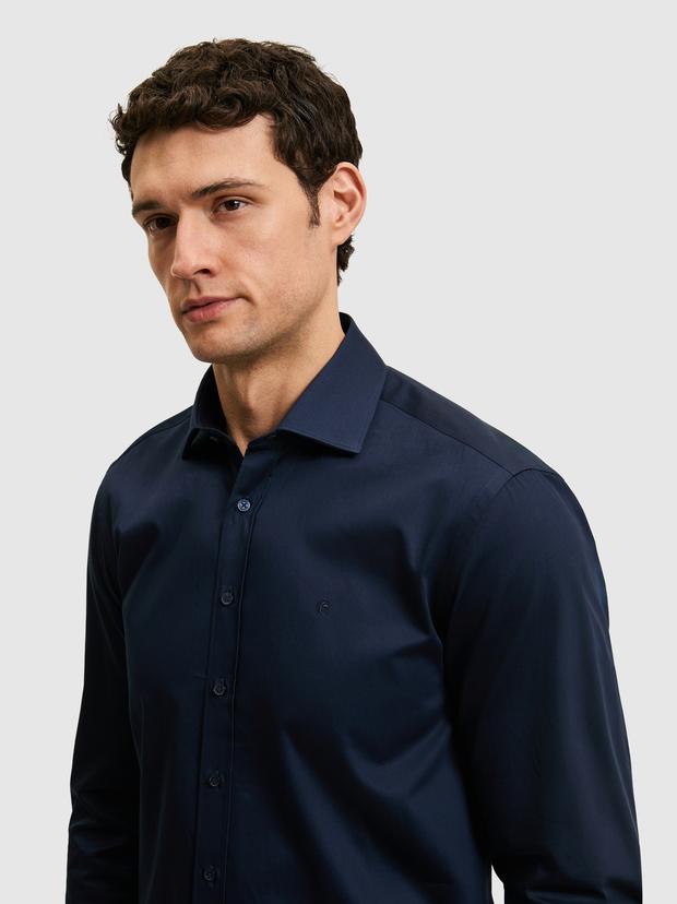 Lacivert Slim Fit Pamuklu Yarım İtalyan Yaka Basic Gömlek