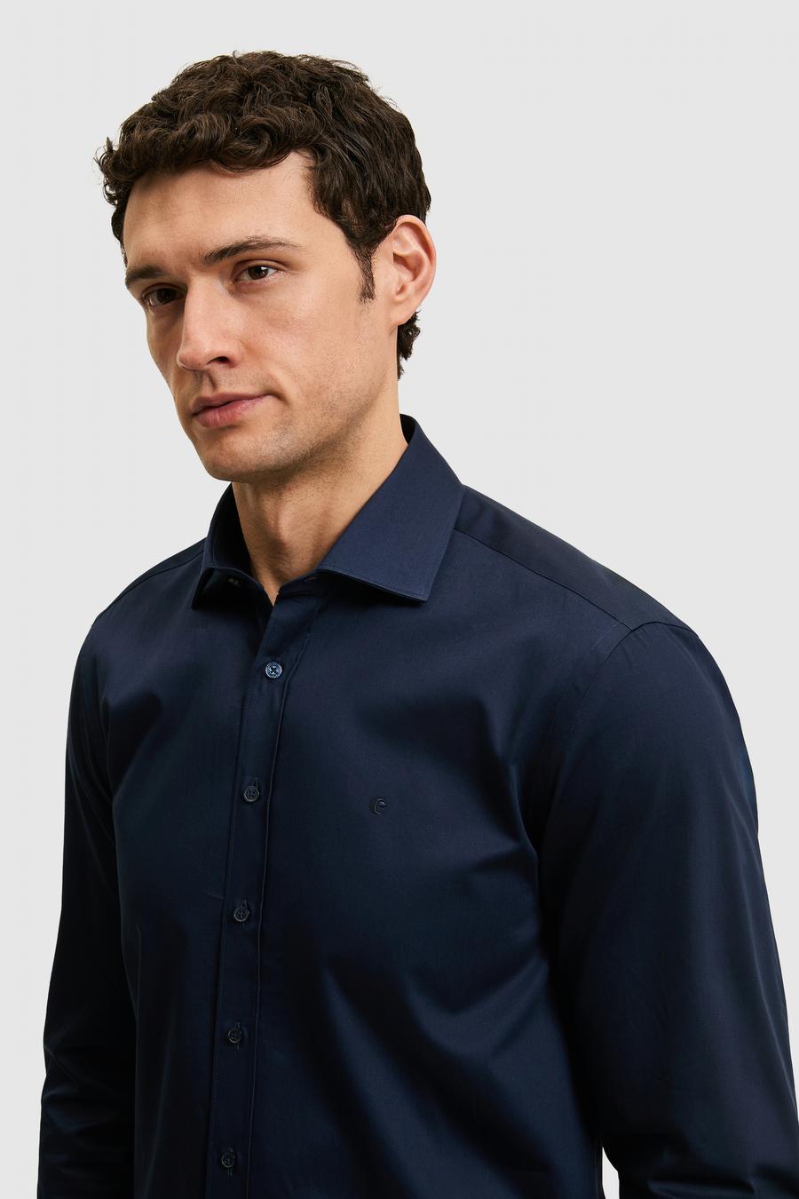 Lacivert Slim Fit Pamuklu Yarım İtalyan Yaka Basic Gömlek - 50311490022
