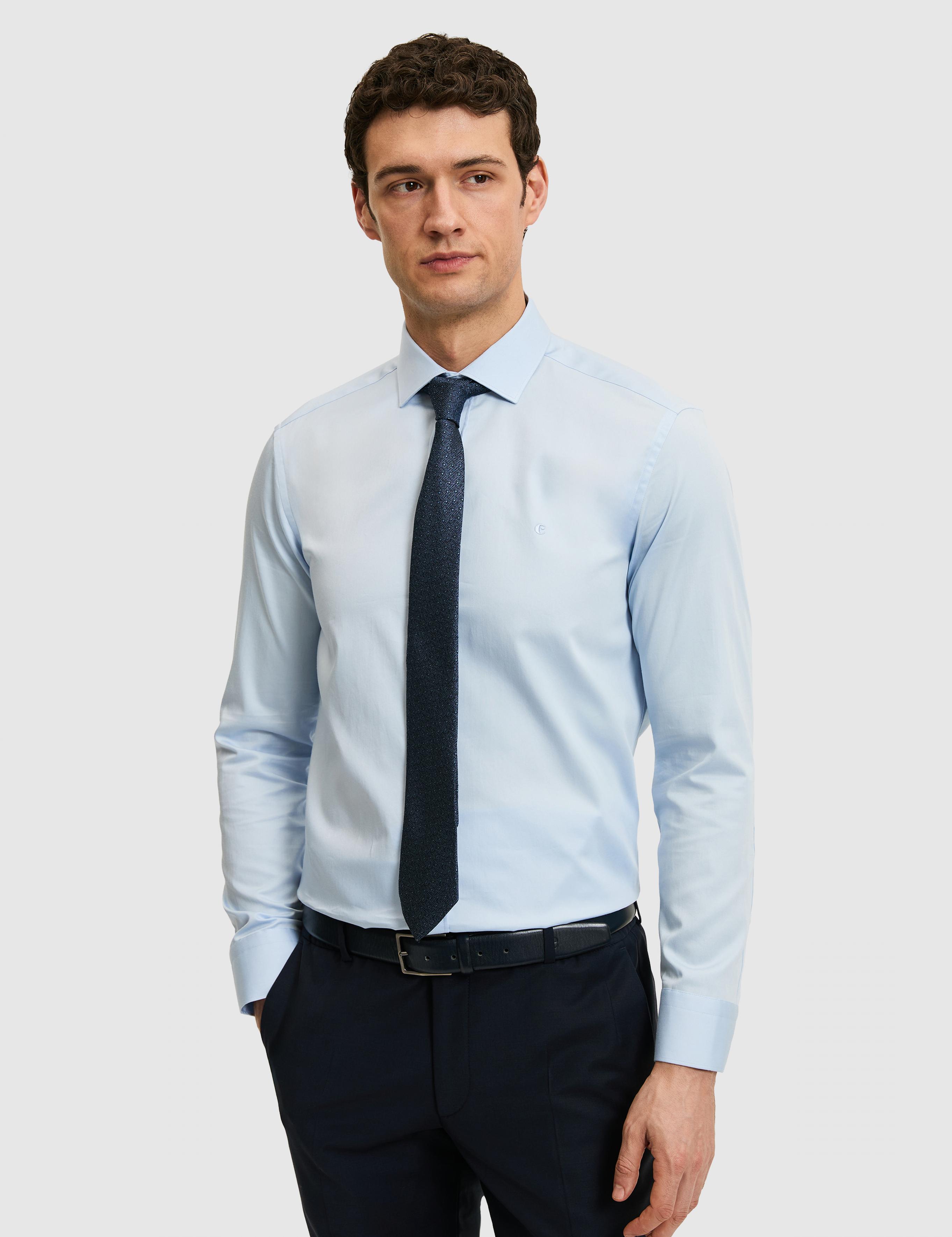 Açık Mavi Slim Fit %100 Pamuk Yarım İtalyan Yaka Klasik Gömlek - 50318216038