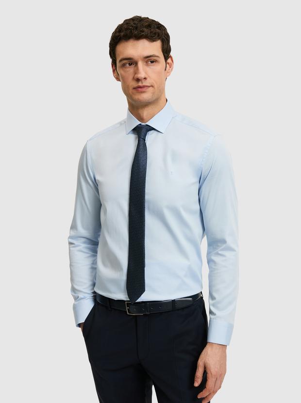 Açık Mavi Slim Fit %100 Pamuk Yarım İtalyan Yaka Klasik Gömlek
