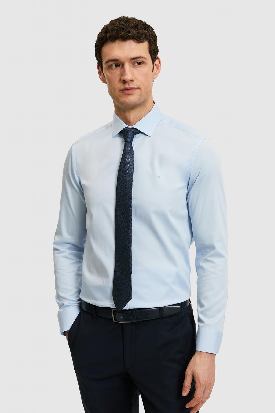 Açık Mavi Slim Fit %100 Pamuk Yarım İtalyan Yaka Klasik Gömlek - 50318216038