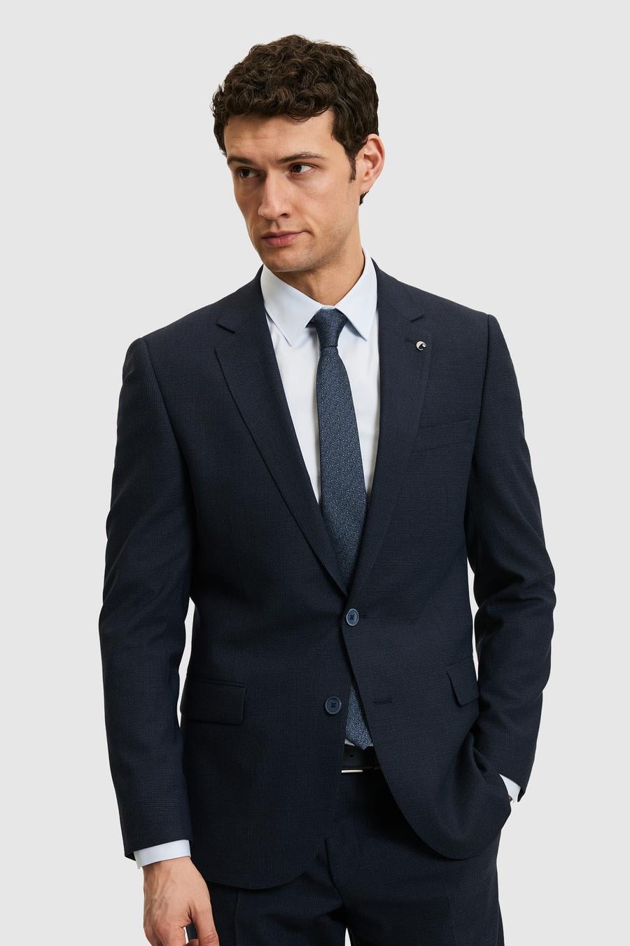 Lacivert Slim Fit Yün Karışımlı Mikro Desen Takım Elbise - 50327869014