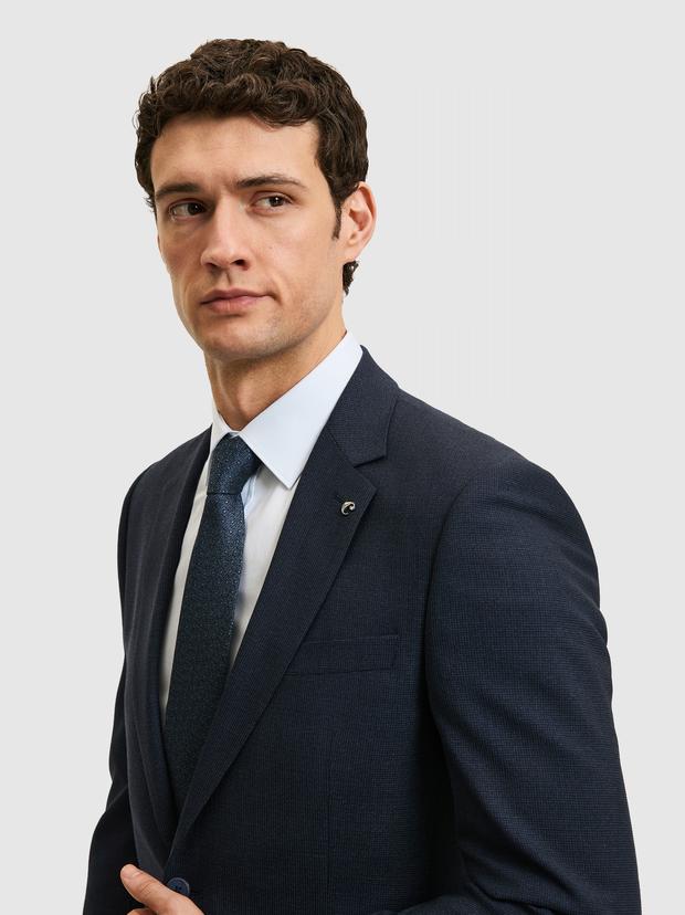 Lacivert Slim Fit Yün Karışımlı Mikro Desen Takım Elbise
