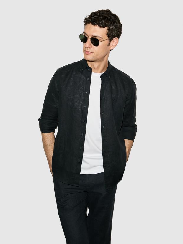 Siyah Regular Fit %100 Keten Gömlek