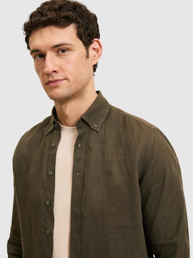 Koyu Haki Regular Fit %100 Keten Gömlek